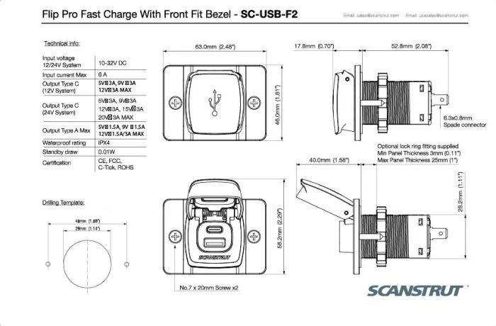 ScanStrut Flip Pro snellader IPX4 waterdicht USB-A en USB-C aansluiting 12-24 V met montageplaat - Image 6