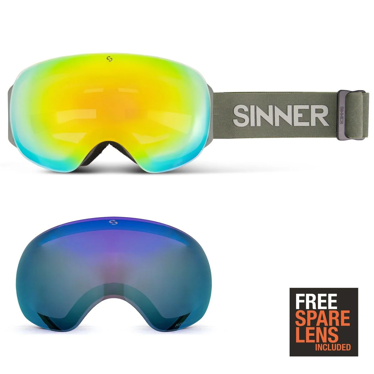 Sinner AVON Skibril + Extra Oranje S1 Lens - Mat Mosgroen/Blauw - Image 3